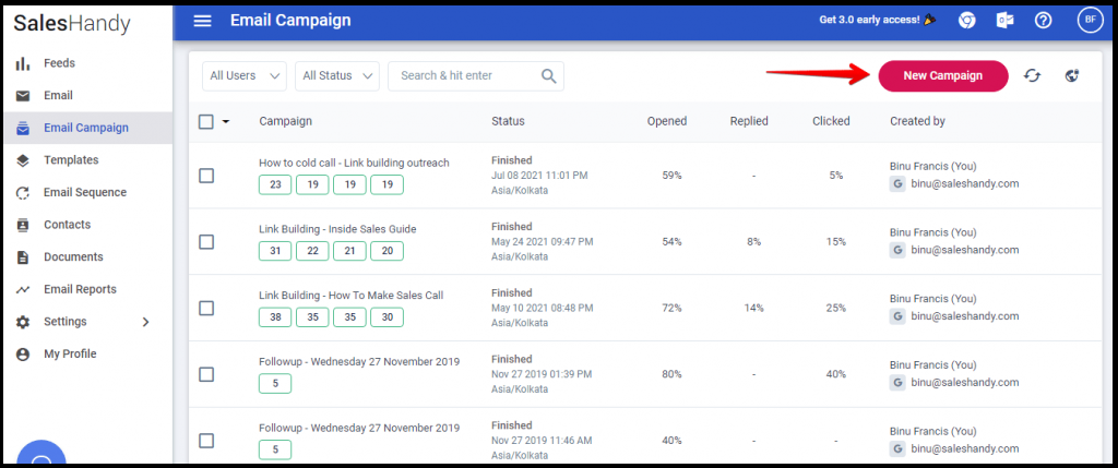 Saleshandy email campaign feature